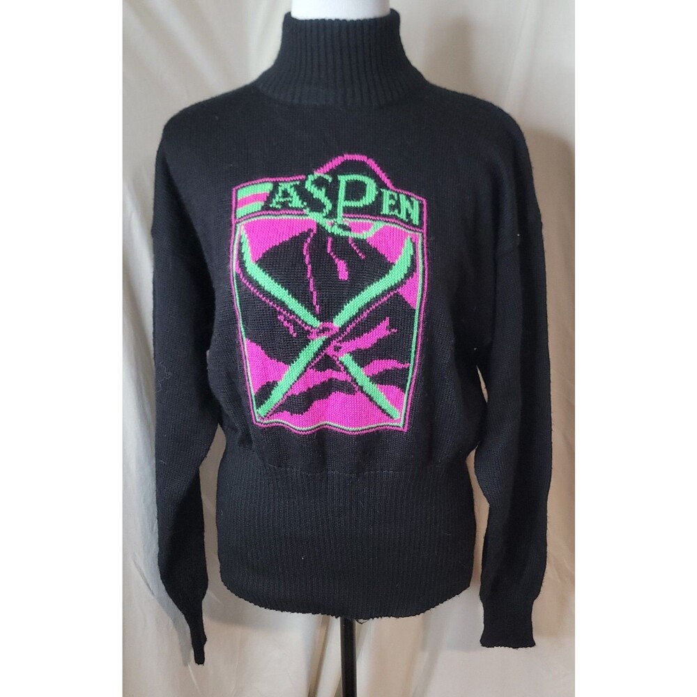 90s White Stag Aspen Ski Womens Large Sweater Mock Neck Wool Blend Neon Graphic